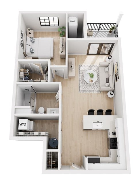 Floor plan for 1 bed, 1 bath, 717 sqft